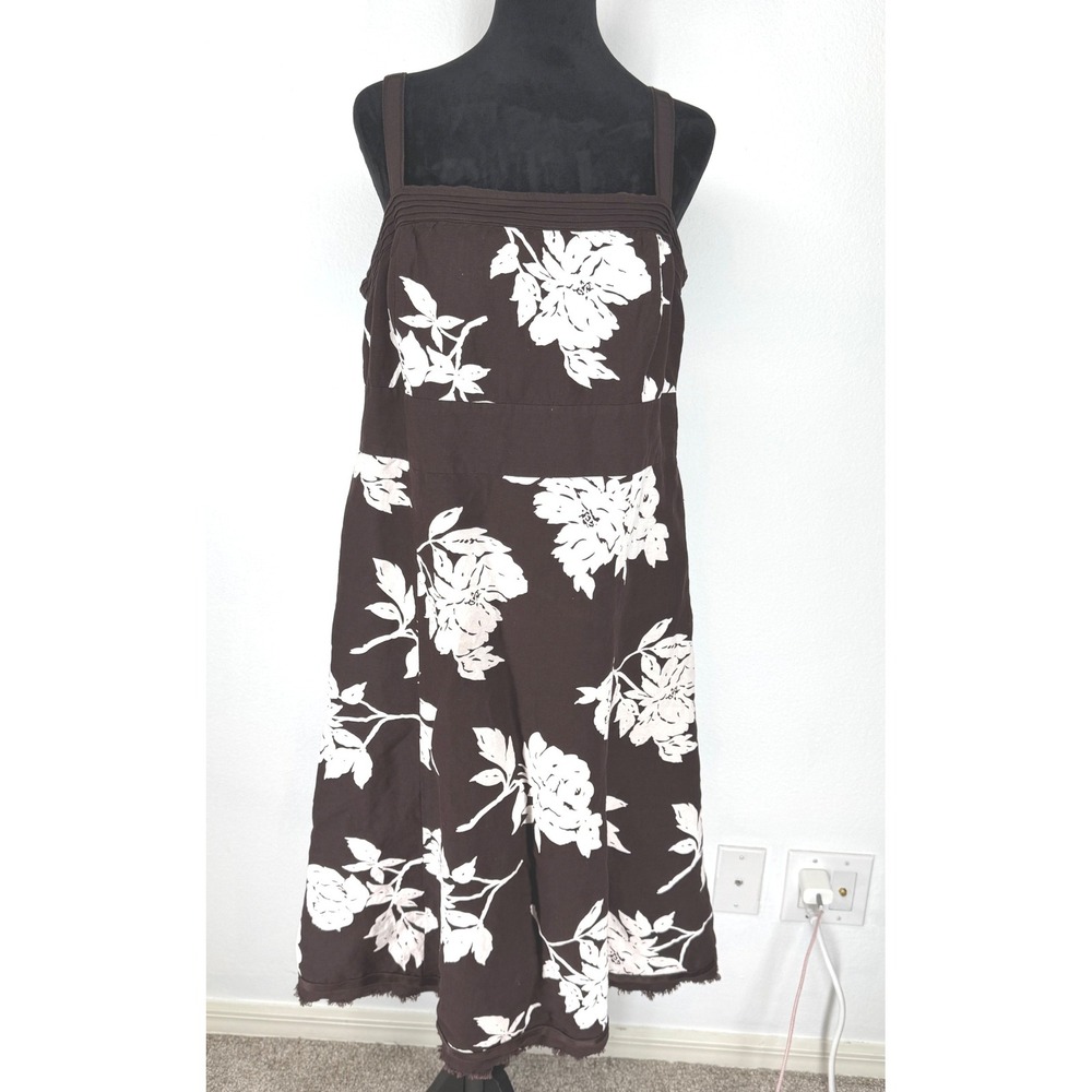 Monsoon Tropical Floral‎ Linen Blend Midi Dress Square Neck Brown Vacation 14